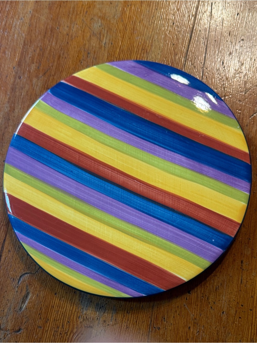 Colorful Striped Round Ceramic Trivet - Yellow, Blue, Purple, Green, Red